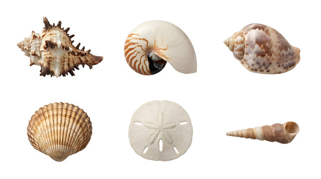 Variety of sea shells isolated on transparent background for marine themed graphic design projects