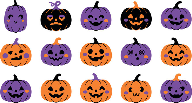 Happy halloween jack o lanterns with various expressions in purple and orange
