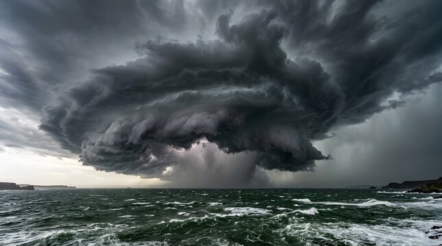 Dramatic supercell thunderstorm looming over a rough ocean at twilight