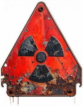 Rusty, weathered red triangular sign with black radiation symbol