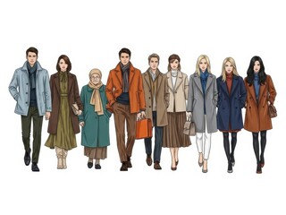 Obraz premium Diverse group of people walking together in stylish coats and clothing isolated on white background