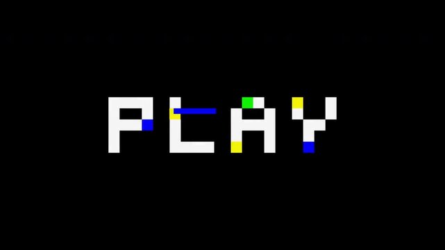 Retro 8bit Glitch Play Text Animation with Colorful Pixel Distortion