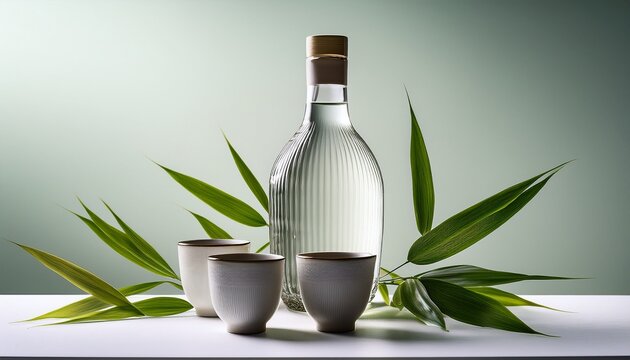 Clear Bottle Of Sake With Two Cups And Bamboo Leaves On A Minimalist Background