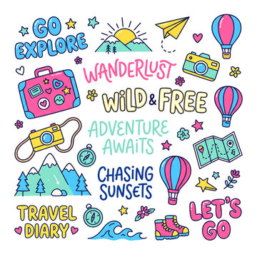 Cute Travel Doodle and Wanderlust Sticker Set - Hand-Drawn Colorful Adventure Icons and Motivational Sayings Featuring Suitcase, Camera, Hot Air Balloon, Mountains, and Map Graphics for T-shirts
