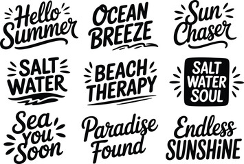 Obraz premium Hello Summer Retro Hand Lettering Typography Vector with Colorful Calligraphy, Beach Sunshine Seasonal Quote Design