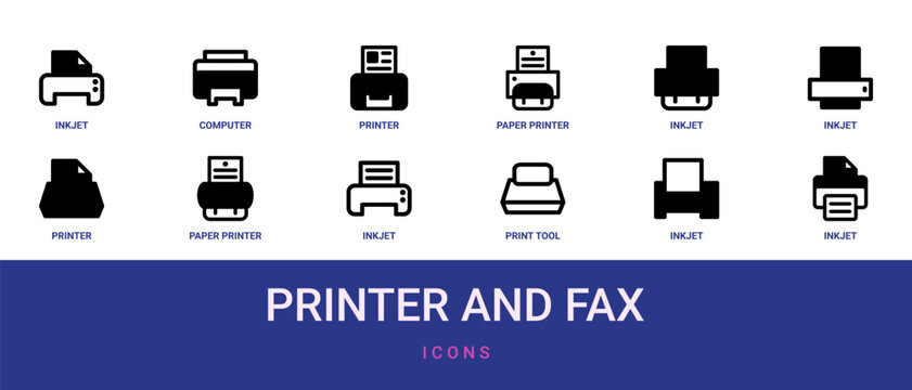 Set of 12 outline web Printer and Fax icons such as inkjet, inkjet, print tool, inkjet, paper printer, printer, vector icons for report, presentation, diagram, web design, mobile app
