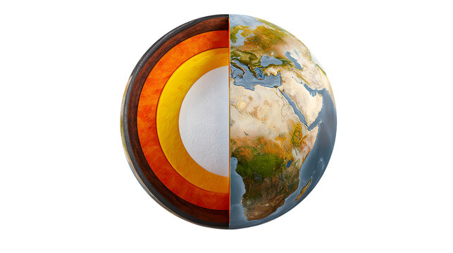 Planet earth cut in half showing inner core and mantle layers
