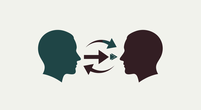 Two human profiles with arrows indicating exchange.