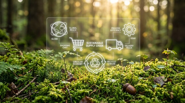 Sustainable business icons in a green forest setting