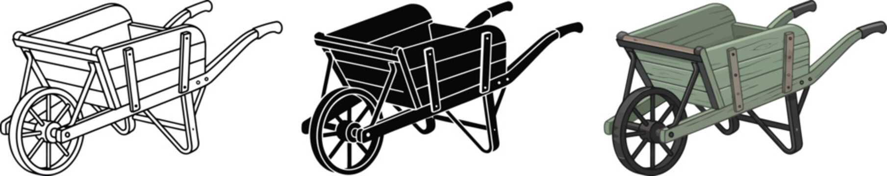 Three wheelbarrows in different illustration styles