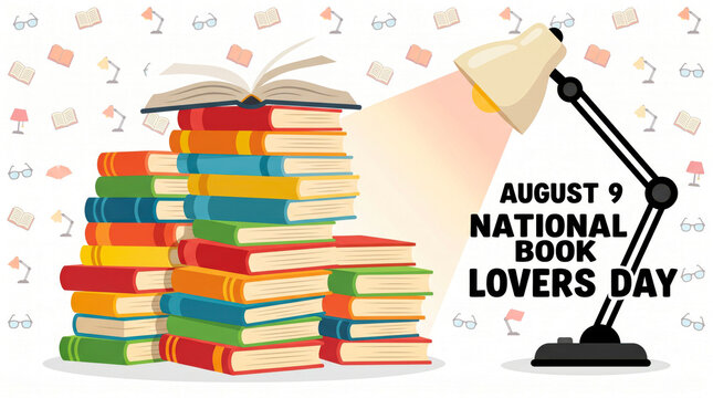 Colorful books stack with graduation cap and desk lamp for national book lovers day