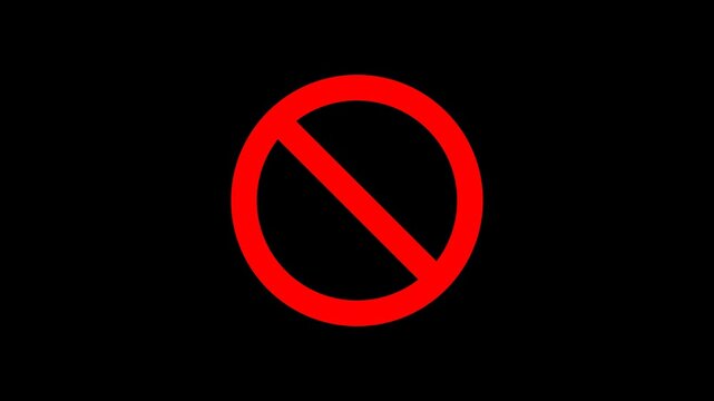 Red Prohibition Symbol Animation on Transparent Background, Forbidden Sign, Stop Icon, Seamless Loop 4K.  Universal forbidden or stop sign for warning messages, safety instructions, restricted areas.