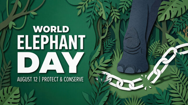World elephant day poster with forest background and chain symbol