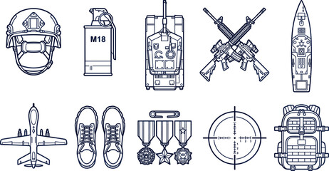 Military Combat Equipment and Army Warfare Line Icon Set featuring Tactical Helmet, M18 Smoke Grenade, Main Battle Tank, Crossed Assault Rifles, © MdTobarak
