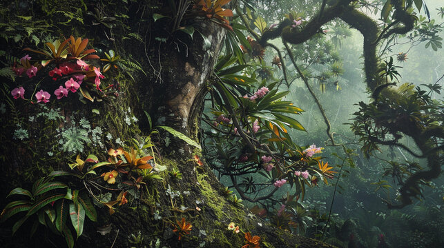 Beautiful wild orchids and exotic flowers blooming on a tree trunk in Lawachara Rainforest, Bangladesh
