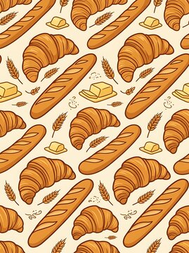 Seamless pattern of freshly baked croissants baguettes and wheat