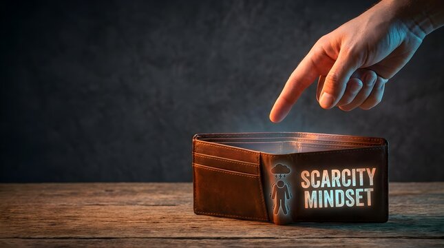 Conceptual representation of scarcity mindset with empty leather wallet with text symbolizing scarcity