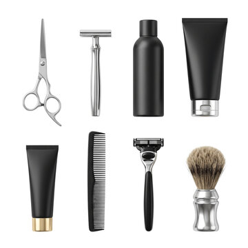 Grooming Kit: Scissors, Razors, Comb, Shaving Brush, and Skincare Products