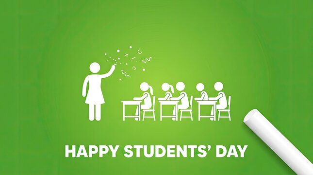 Happy Students' Day celebration with teacher and diverse pupils. Joyful educator engaging with cheerful schoolchildren in festive classroom setting.