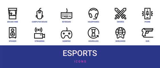 Set of 12 outline web Esports icons such as gun, worldwide, hourglass, gamepad, streaming, speaker, phone vector icons for report, presentation, diagram, web design, mobile app © Jonas