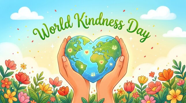World Kindness Day hands holding Earth with heart. Global unity concept with diverse people supporting planet sustainability and compassion.
