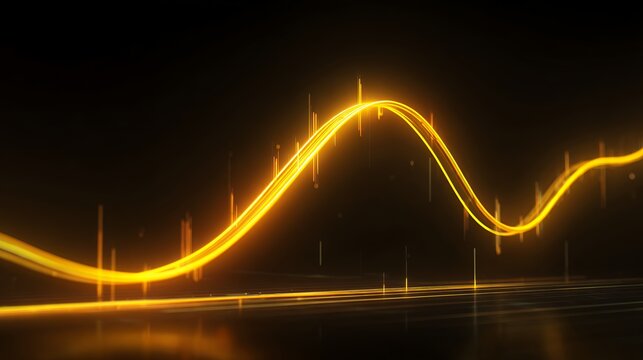 Futuristic golden glowing wave line with light rays and particles for abstract data flow audio frequency and tech background overlays.