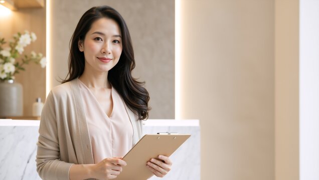 Professional East Asian woman holding a clipboard in a bright minimalist clinic. Friendly female receptionist at a wellness center. Healthcare assistant in a modern spa interior