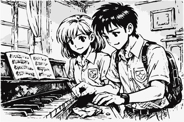 The classmates play the piano together in the music room © Diono