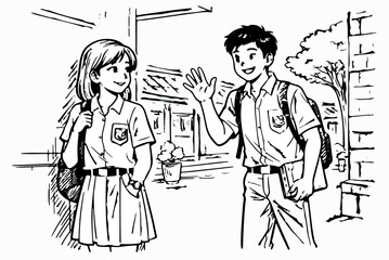 Two classmates meet outside the school and exchange friendly greetings © Diono