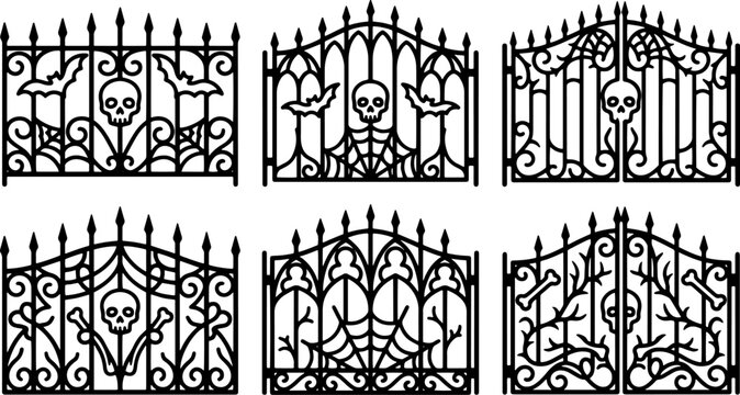 Set of halloween forged gates with skulls bats spiders and cobwebs in black silhouettes