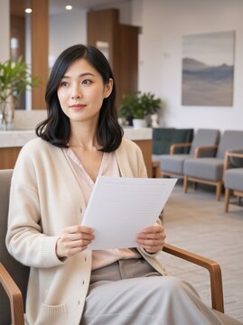 Thoughtful young East Asian woman holding a document in a modern waiting room. Vertical portrait of a female patient or client sitting in a clinic reception area