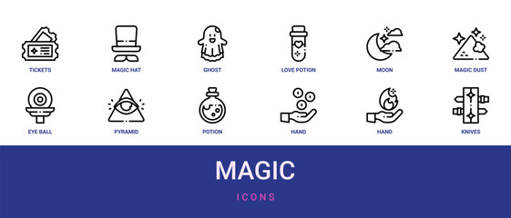 Set of 12 outline web Magic icons such as knives, hand, hand, potion, pyramid, eye ball, magic dust vector icons for report, presentation, diagram, web design, mobile app © Jonas