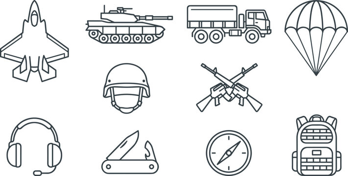 Military Logistics and Air Force Warfare Line Icon Set with Fighter Jet, Tank, Cargo Truck, Parachute, Crossed Rifles, Helmet, and Tactical Backpack