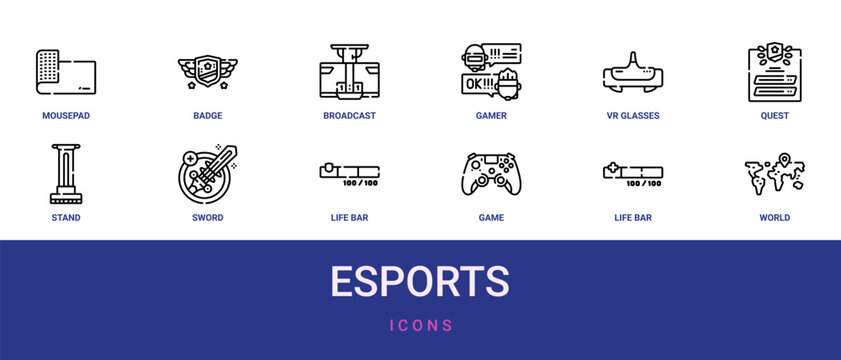 Set of 12 outline web Esports icons such as world, life bar, game, life bar, sword, stand, quest vector icons for report, presentation, diagram, web design, mobile app