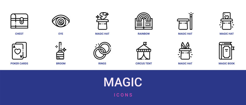 Set of 12 outline web Magic icons such as magic book, magic hat, circus tent, rings, broom, poker cards, magic hat vector icons for report, presentation, diagram, web design, mobile app