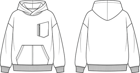 MobileFashion technical sketch of an oversized hoodie with front kangaroo pocket and zippered chest pocket © FalguniAkter