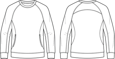 MobileFashion technical sketch of men raglan crewneck sweatshirt with zippered pockets front and back view © FalguniAkter
