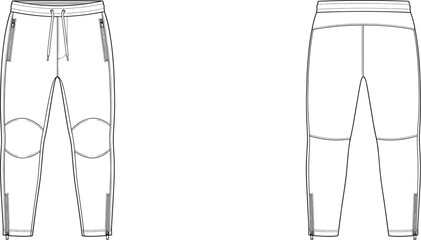 MobileFashion technical sketch of men jogger pants with zippered pockets and bottom cuff zipper front back view © FalguniAkter