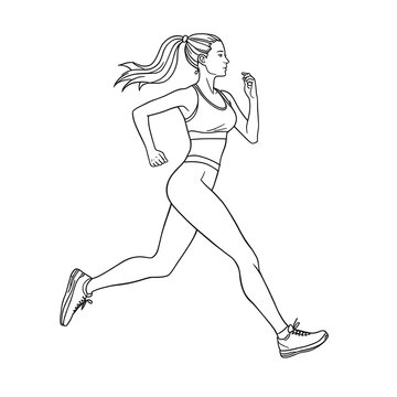 Female runner line art vector illustration cartoon woman jogging side view