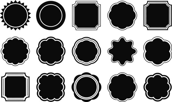 Grid of diverse black vintage frame and label shapes for graphic design usage with stickers elements decorative template ornamental collection geometric isolated background presentation