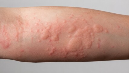 Fototapeta premium Raised red hives on forearm showing allergic skin reaction