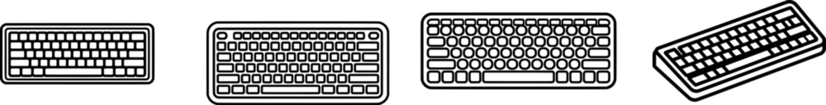 A minimalist black outline icon of a computer keyboard with uniform lines is displayed against a pure white background in a flat vector style