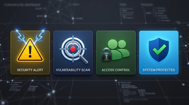 Cybersecurity icons set with alert, scan, control, and protection themes