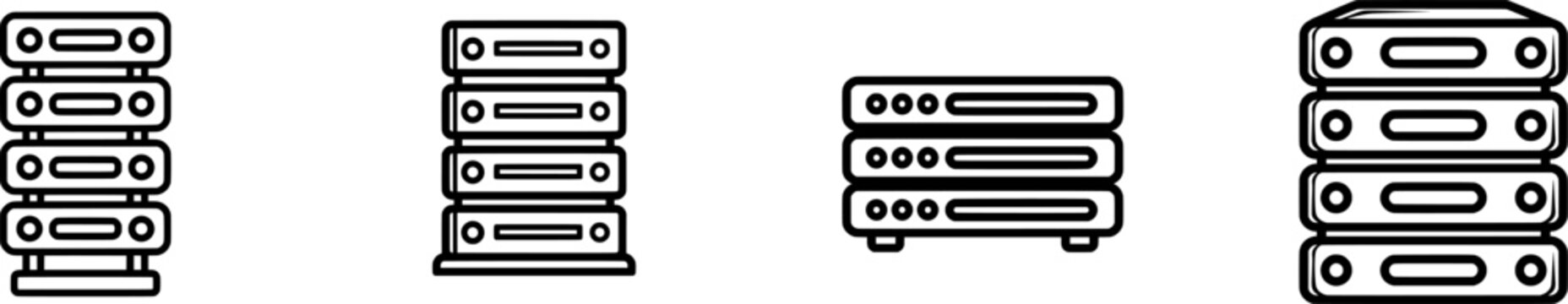 A minimalist black outline icon of four stacked servers with a clean, professional appearance against a pure white background