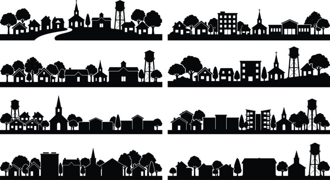 Set of small town and suburban neighborhood skyline silhouettes with houses, trees, and water towers