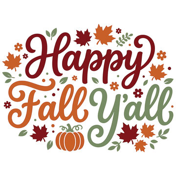 Happy fall y'all halloween vector illustration autumn typography with pumpkins leaves for seasonal designs