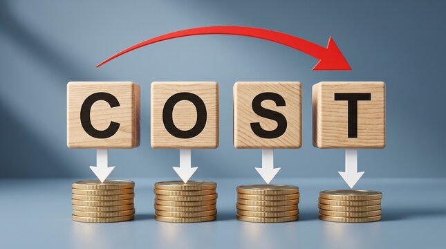 Cost concept illustration with falling money stacks and upward arrow