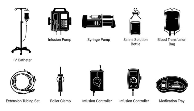Medical Equipment Set Including Iv Catheter, Infusion Pump, Syringe Pump, Saline Solution Bottle, Blood Transfusion Bag, Extension