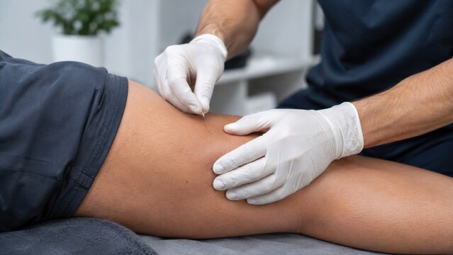 Physiotherapist performing dry needling on patient's thigh