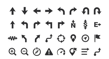 Navigation and directional icons set arrows symbols and map markers for user interface design © Nasima